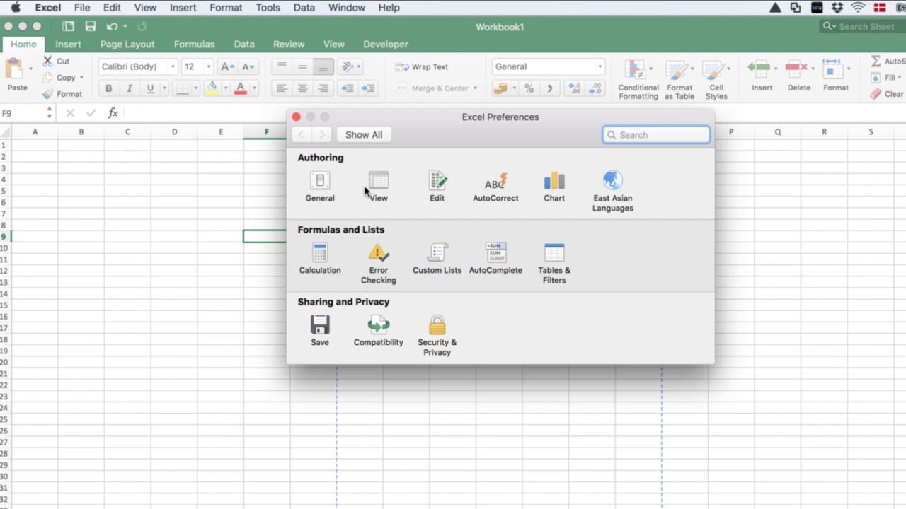 where is the preference tab in excel for mac